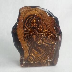 Madonna and Child 6 Inch Art Glass Paperweight Intaglio Etched Amber Bronze Back